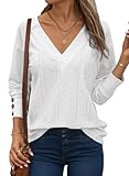 Dokotoo Womens Early Fall Fashion 2025 White Long Sleeve Shirts for Women Buttons Hollow Out Embroidered Tops Business Casual Outfits Ladies Elegant White Blouses for Women Dresy Casual L