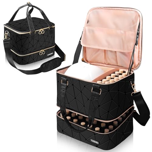 Veirdro Nail Polish Organizer Bag Holds 54 Bottles (15ml/0.5 fl.oz) and Nail Lamp, PU Leather Nail...