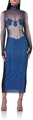 AFRM Women's Shailene Turtleneck Long Sleeve Mesh Bodycon Midi Dress, Ornate Navy, 2X