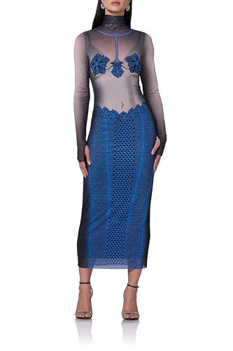 AFRM Damen Shailene Rollkragen Langarm Mesh Figurbetontes Midikleid, Verziertes Marineblau, Mittel