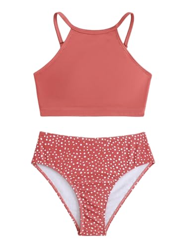 OYOANGLE Girl's 2 Piece Tankini Set Polka Dots High Waisted Bikini Set Beach Sports Bathing Suit