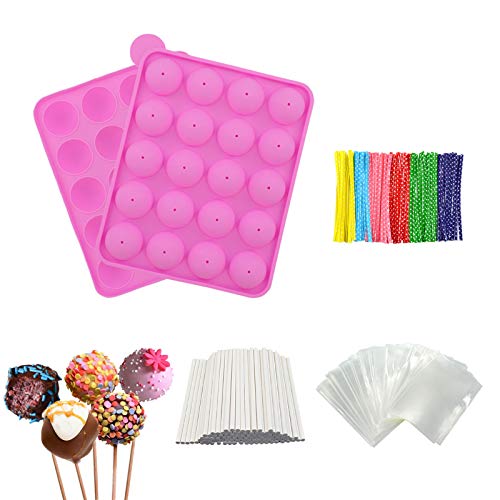 Ensemble de moules à cake pops en silicone sans BPA avec 100 bâtonnets à friandises + 100 sacs à colis + 100 fils métalliques colorés pour bonbons, chocolats, cake pops Cover