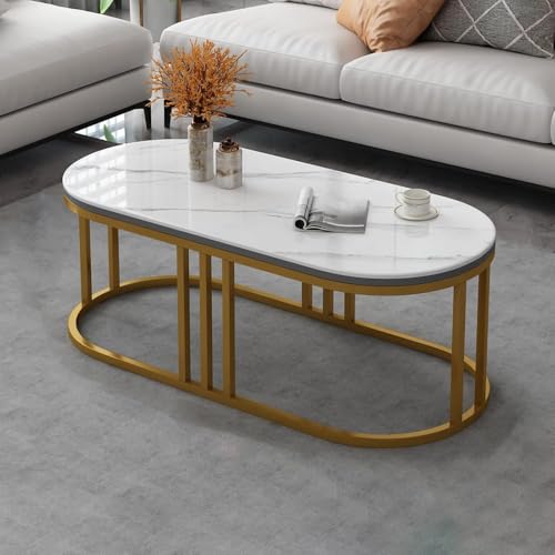 Image of Shoppee Modern Coffee Table with Marble Finish Top & Gold Metal Frame, Cocktail Sofa Table Living Room, Elegant Center Table - for Home, Office, Dining (White & Gold)