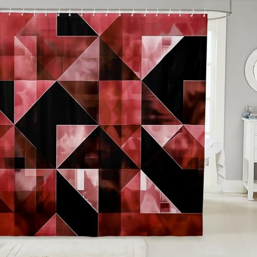 Homewish Rideau Douche 180x200cm Triangle Noir et Rouge Carré,Rideaux de Douche Enfants Adultes Motif Géométrique 3D,Rideau de Baignoire Art...