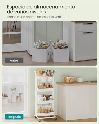 Miniatura 4 de Songmics Carro Rodante, Caritro De Almacenamiento De 4 Niveles, Con Mango, 2 Organizadores Pequeños, Marco De Acero, Cestas De Plástico, Para Dormitorio, Lavadero Baño, Blanco Bsc077wz01