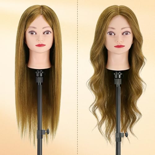 Übungskopf, TwoWin 80% Echthaar Friseurkosmetik Mannequin Kopf mit Klammerständer und Geschenken - Gold