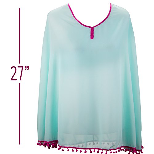 Women's Petite Beach Poncho With Pom Pom Trim By Sol Coastal (Mint Raspberry) #TOP5