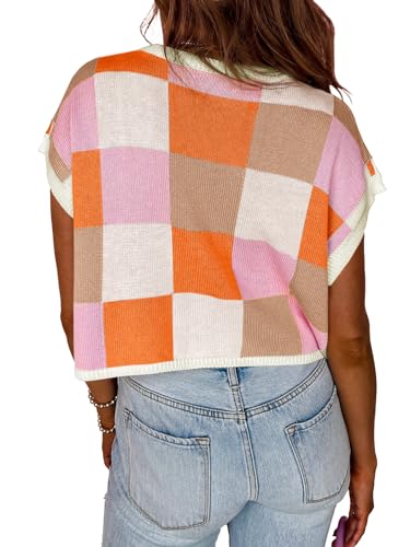 Image of Saodimallsu Womens Cap Sleeve Crop Tops Summer Color Block Going Out Crew Neck Knit Trendy Casual Sweater