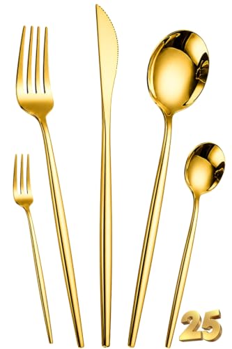 Image of Slim Handle Gold 25 Pcs Stainless Steel Cutlery Set for Dining Table, Dishwasher Safe Glossy Flatware (5 Spoon Set+5 Forks Set+5 Butter Knife+5 Dessert Spoon+5 Fruit Fork)