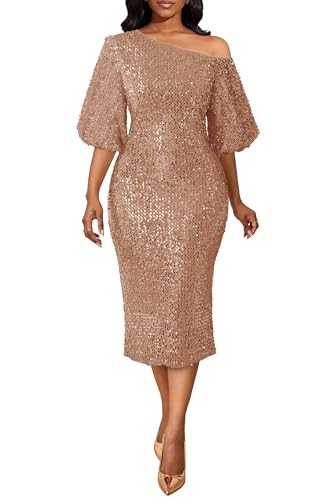 VERWIN Women's Oblique One Shoulder Sequin Elegant Party Cocktail Sparkly Puff Sleeves Midi Dress M Camel