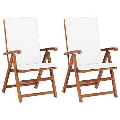 vidaXL 2X Bois de Teck Chaises Inclinables avec Coussins Siège de Patio Fauteuil de Terrasse Chaise de Salle à Manger Jardin Extérieur Crème