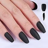 24PCS Black Fake Nails Full Cover Press on Short False Nail Art Tips Matte Glossy Medium Stiletto Almond Coffin Ballerina Reusable Acrylic Fingernail for Women Office Lady (Matte Coffin)