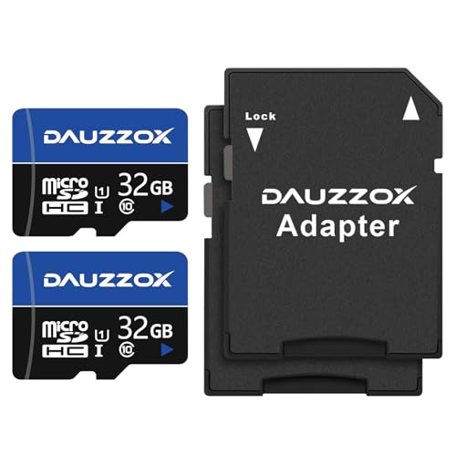 Cartes Micro SD 32Go Lot de 2, DAUZZOX Carte Micro Mémoire MicroSDHC U1 C10 UHS-I, Lecture Maximale 80 Mo/s, pour Smartphone, Appareil Photo, Surveillance, Enregistreur de Conduite, avec Adaptateurs