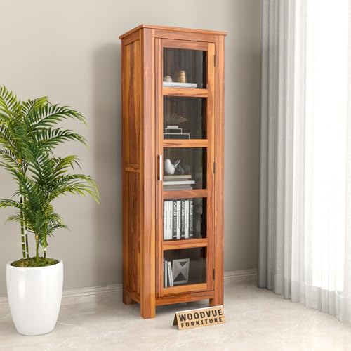 Image of Sheesham Wood Corner Book Shelf with Acrylic Glass Door | Wooden Sideboard Crockery Cabinet with 5 Shelf Storage | Kitchen Display Unit | Bookshelf for Home Library | Honey Finish