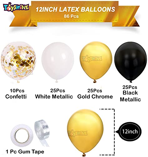 Image of Toyshine 86 Pcs Balloon Party Decoration Combo | 25 White Metallic, 25 Gold Chrome, 25 Black Metallic, 10 Confetti Balloons, 1 Tape for Birthday Anniversary Theme Party