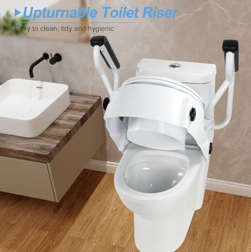 Image of Veayva Adjustable Toilet / Commode Seat Raiser With Lift Handles - 3 Adjustable Heights Raised Toilet Seat With Padded Arms For Handicapped - Medical Handicap Bathroom Safety Chair - 300 Lbs., White