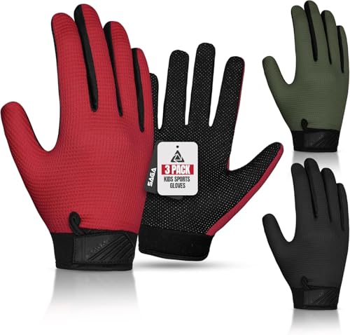 SAGA SPORTS Kids Cycling Gloves - 3 Pairs Full Finger Bike Gloves for Boys & Girls