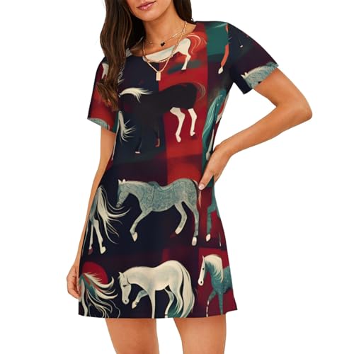 Chemise de nuit légère motif chevaux pour femme en coton doux