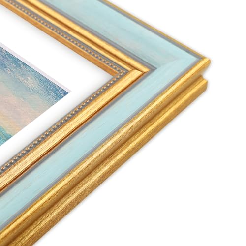 Image of Golden State Art,16x20 Ornate Picture Frame Holds 11x14 Photo,Light Blue | Includes plexiglass front,white mat,build-in hangers and buttons.Displays 11x14 photo on wall