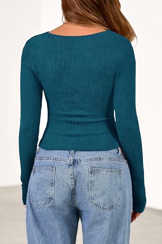 PRETTYGARDEN Women's Long Sleeve Cowl Neck Ribbed Knit Spring Shirts Slim Fit Ruched Going Out Crop Tops Basic T-Shirts(Peacock Blue,XX-Large) — view 5