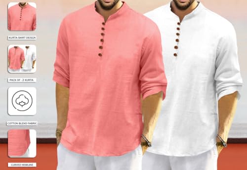Image of ROYALSCOUT Men's Cotton Polyester Blend Solid Regular Fit Full Sleeve Short Kurta | Ethnic, Lightweight Summer Kurta for Daily & Occasion Use