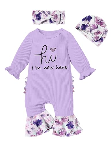 Image of KANGKANG Newborn Girl Clothes Onesie for Baby Girl Ruffle Romper Boho Infant Bell Bottom Jumpsuit with Headband Hat