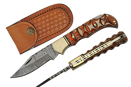 Brown White Damascus Steel Blade | Twisted Wood Handle 4 inch Edc Pocket Folding Knife