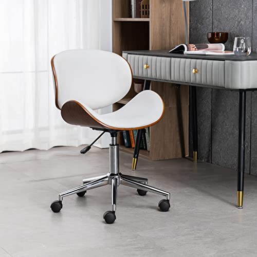 Okakopa White Armless Office Chair Small Desk Chair 360° Swivel Height Adjustable Modern Office Chair Ergonomic Curved Wood Computer Chairs Armless Leather Desk Chair With Wheels (White) #TOP1