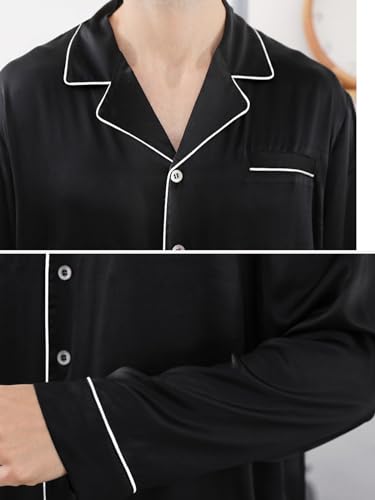 Wowcarbazole Men's silk Satin Pajamas Set Long/short Sleeve Button-Down Sleepwear with front pocket3