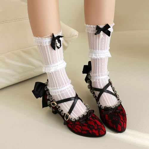 Bellirala Lace Flower Victorian Shoes for Women Vintage Kitten Heels Mary Janes Bow Pumps Mid Heeled Rockabilly Cosplay Witch Shoes3