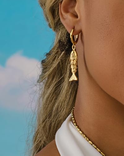 FAUTHENTICUTE 14K Gold Koi Fish Huggie Hoop Earrings for Women - Summer Boho Jewelry with Movable Charm - Image 2