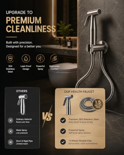 Image of Handheld Bidet Sprayer for Toilet, SS-304 Stainless Steel, Chrome Finish, with 1.5 Metre Kink-Free Hose Pipe, Leak-Proof