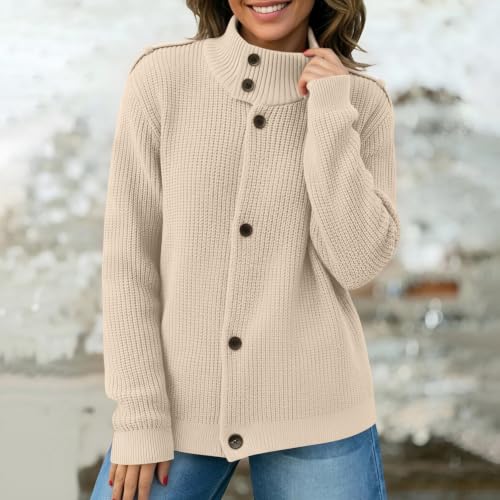 Women's Mock Neck Cardigan Sweaters Button Long Sleeve Chunky Knit Jackets - image 4