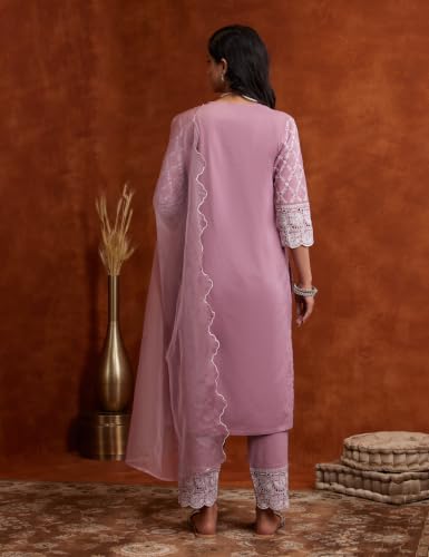 Image of Amazon Brand - Myx Women Embroidered Cotton Kurta Pant Set with Organza Dupatta (Available in Plus Sizes)