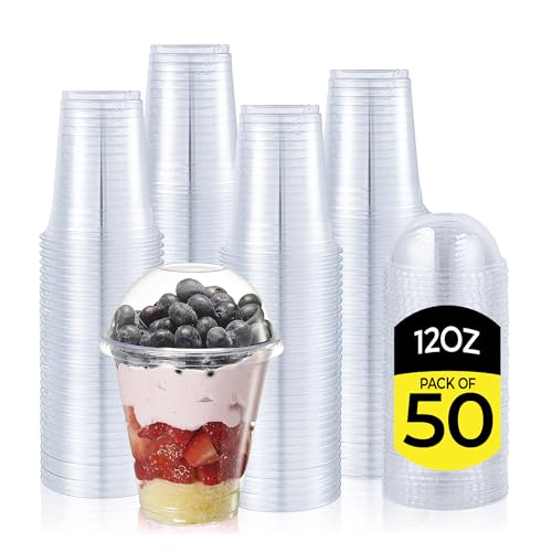 Zuvo Plastic Smoothie Cups with Dome Lids - 12 OZ (Pack of 50) - Strong Clear Plastic Cups for Milkshakes Smoothies Iced Coffee Slusly and Bubble Tea - 100% Reusable Cups