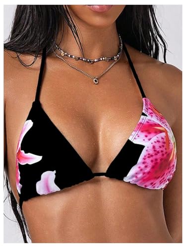 Verdusa Women's Leopard Print Triangle Halter Bikini Tops Floral Tie Back Swimwear Top3