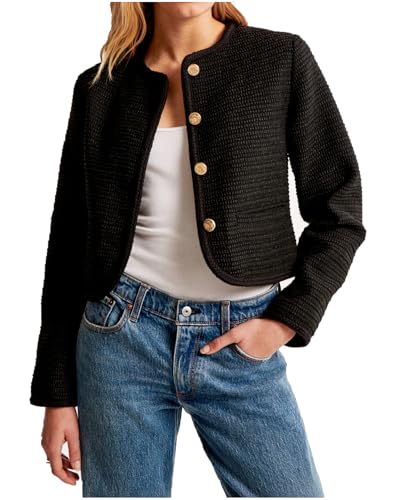 Women's Tweed Jackets Long Sleeve Crew Neck Button Down Cropped Jacket Coat with Pockets