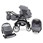 GaGaDumi Urbano 3 in 1 Kombikinderwagen Kinderwagen mit Autositz Komplettset incl Babyschale Buggy Wickeltasche Regenschutz Moskitonetz Voll-Gummireifen Grau Jeans