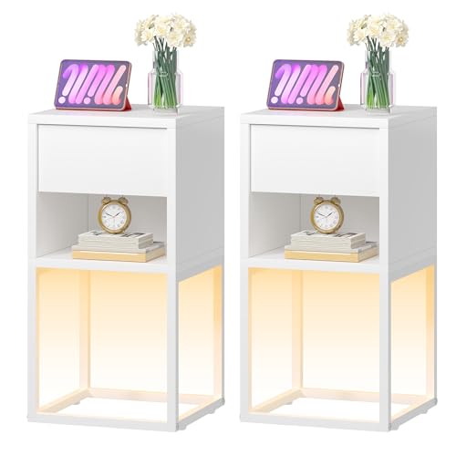 YITAHOME Set di 2 comodini con Illuminazione a LED, Comodino con Cassetto, Scomparto Aperto, Comodino, Camera da Letto, Comodini per il Soggiorno, Montaggio Facile, Bianco