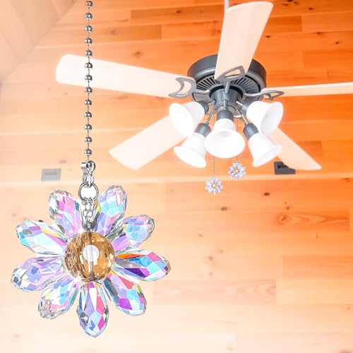 Image of 2Pcs Crystal Ceiling Fan Pull Chains, 1.8 inch Crystal Glass Flower Pendants with 25 inch Ceiling Fan Chain Extender and Connector, Rainbow Fan Pull Decorative for Bathroom Toilet Light Ceiling