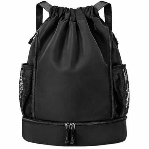 Mochila Esportiva com Cordão, Separação seca e húmida, Mochila de grande capacidade para viagens de lazer, Bolsos Laterais em Malha, Preto