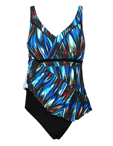 Septangle Women's Vintage Floral Print Swimdress Cover Up One Piece Swimsuit (Blue,Us 8) #TOP1