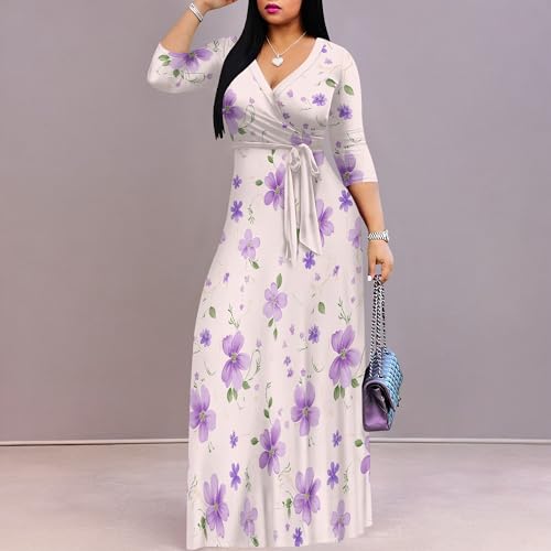 Image of PinkPatty Plus Size Maxi Dress for Women Casual V Neck 3 /4 Sleeve Boho Printed Long Dress with Pockets