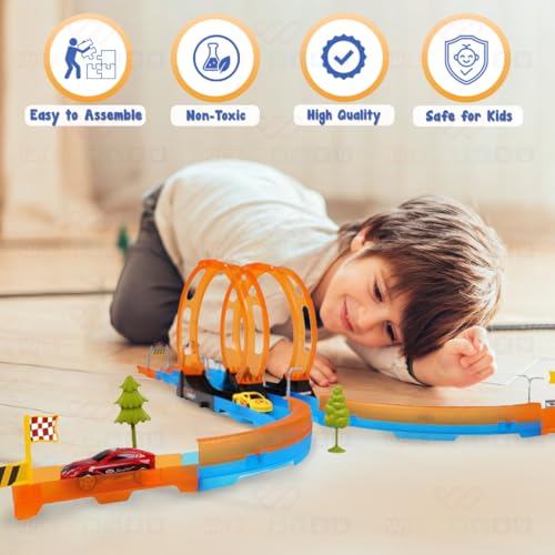 Image of Wembley 29 Pieces Multiplayer Track Set Loop Diecast Car Racing Adventure Toys for Kids 3+ Years with Double Loop 360 Spin Way 2 1:64 Scale Pull Back Car