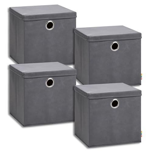 Storanda | 4er Set Aufbewahrungsbox 34x34x33 cm mit Deckel | Extra Große Griffe | Stabil & Faltbar | Regalbox für Würfelregal | Ideal für Zuhause & Kinderzimmer | Anthrazit