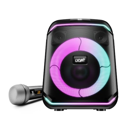 Image of boAt 2026 Launch PartyPal 230 with Karaoke Auto Tuner, 90W Output, 1 UHF Wireless Microphone, Vibrant RGB LEDs, App Support, TWS Mode & Multi-Compatibility Bluetooth Party Speaker (Charcoal Black)