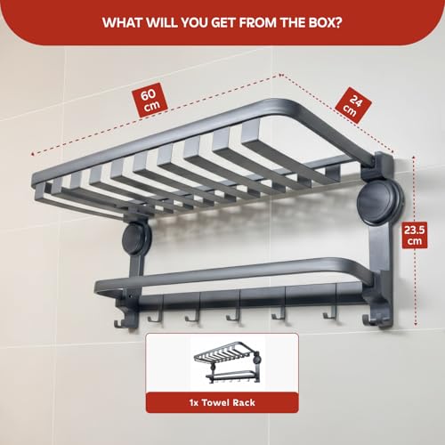 Image of MIORAH India's First Suction Cup Towel Holder in Bathroom | Towel Rack for Bathroom | Towel Hangers | Suction Heavy Duty, No Drill, Accessories Set for Clothes | 24 Inch Grey
