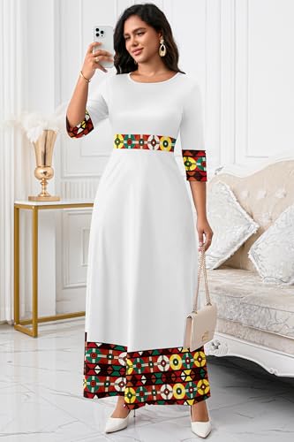 FANDEE Casual Maxi Dresses for Women Elegant 3/4 Sleeve Round Neck Africa Print Church Dress with Pocket4