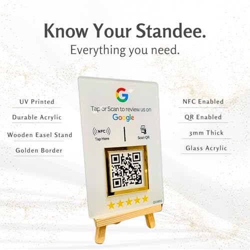 Image of NFC & QR Tap or Scan Feedback Standee for Business - Contactless Link Sharing for Shops, Clinics, Salons, Restaurants - Golden Border - Acrylic Standee