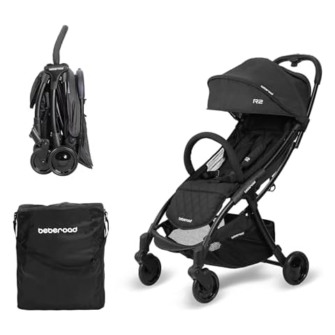 Beberoad Love R2 Small Travel Stroller Compact Stroller Foldable Lightweight Baby Stroller for Airplane, Infant Toddler Stroller with Adjustable Backrest, Cup Holder and Waterproof Canopy, Black Cover